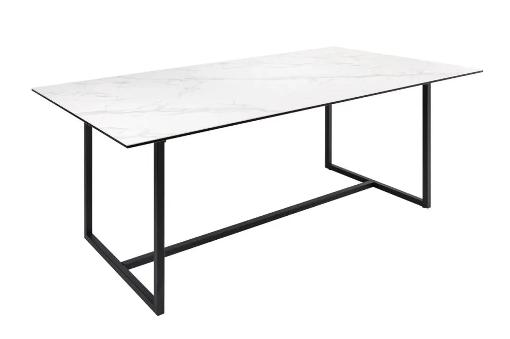 Masa din Sticla securizata/ceramica Alb cu efect de marmura si Metal Negru L200xH76cm Symbiose