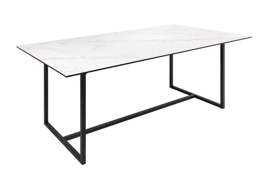 Masa din Sticla securizata/ceramica Alb cu efect de marmura si Metal Negru L200xH76cm Symbiose