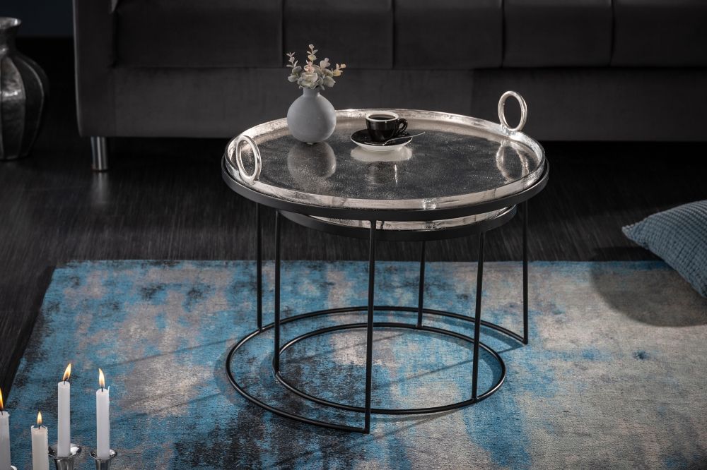 Set 2 masute laterale Rotunda din Metal si Metal Argintiu/Negru D46/62xH36/45cm Elements Oriental