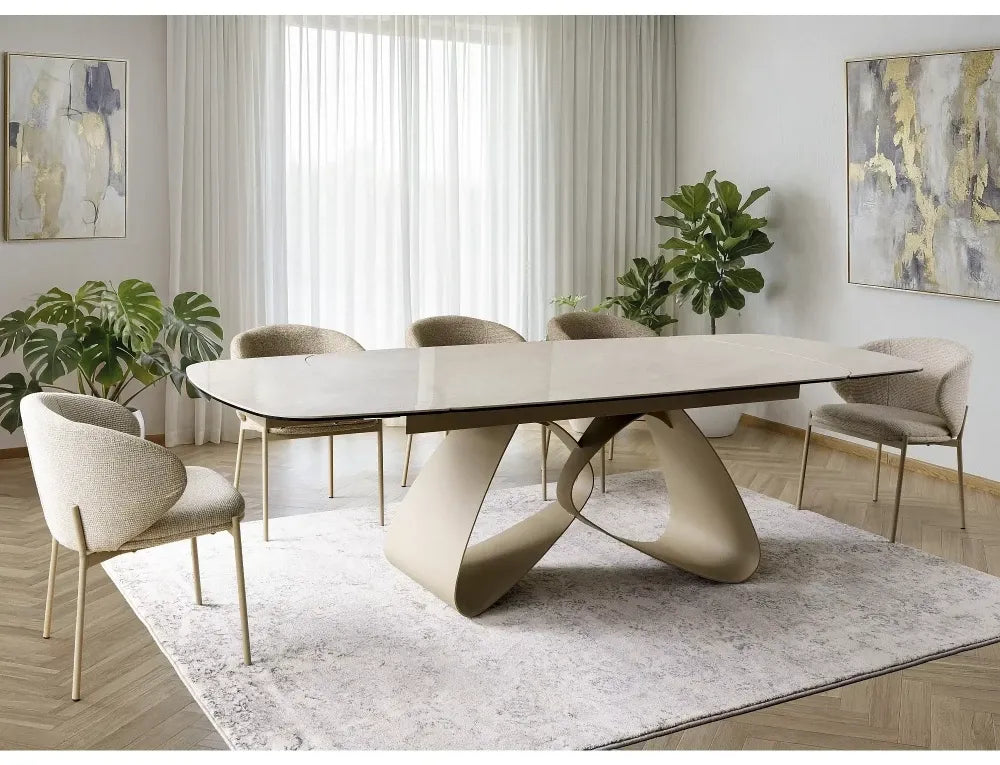 Masa extensibila din Metal Bej si Sticla securizata+Ceramica Bej lucios L180-260xH75cm Valentino