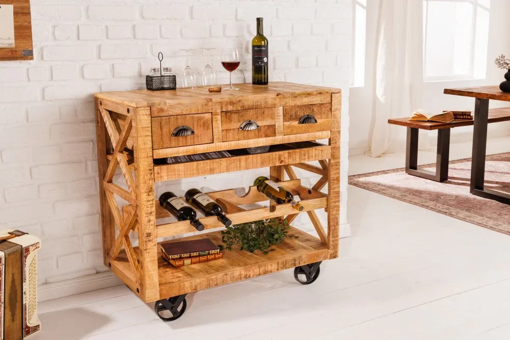 Dulap bar cu rotile din Lemn de mango Maro L86xH92cm BODEGA