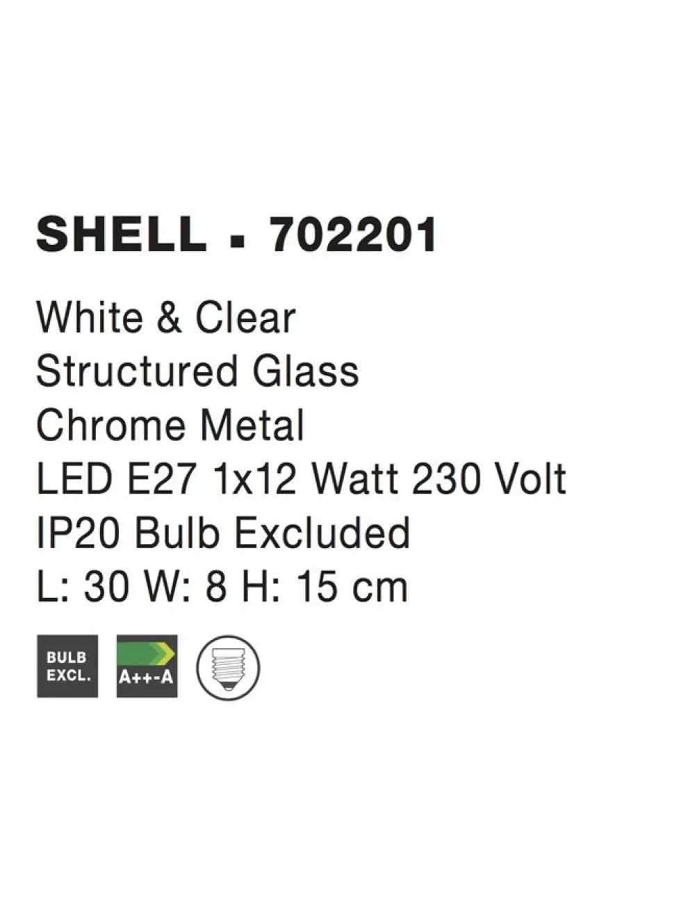 Aplica de perete structura din Metal Argintiu si abajur din Sticla Alb H15xL30cm IP20 SHELL