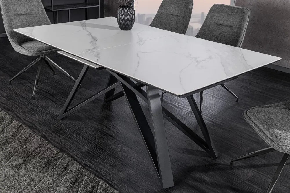 Masa din Sticla securizata/Ceramica Alb cu efect de marmura si Metal Negru L160-200xH77cm Atlas
