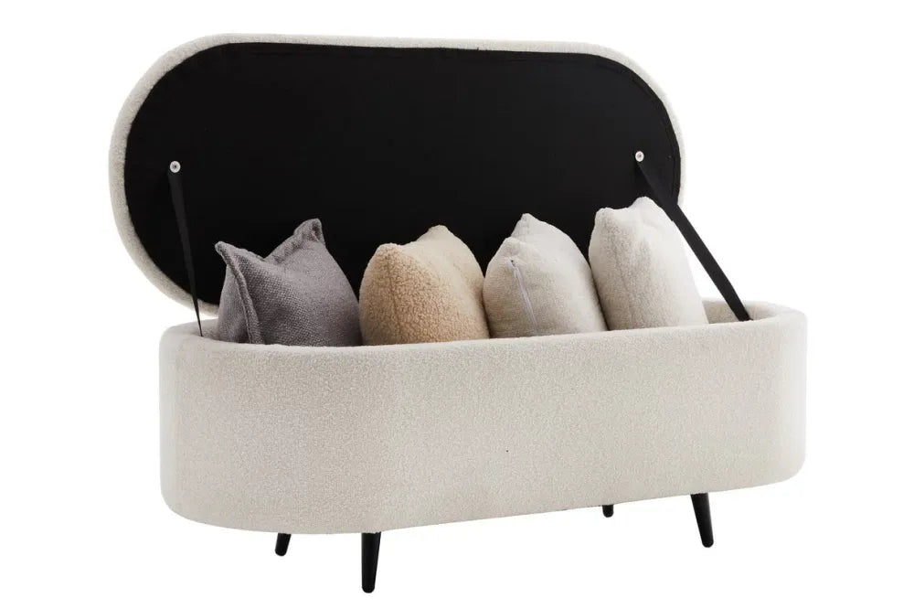 Bancheta cu spatiu de depozitare din Metal Negru si Stofa boucle Alb H45xL110cm Voque
