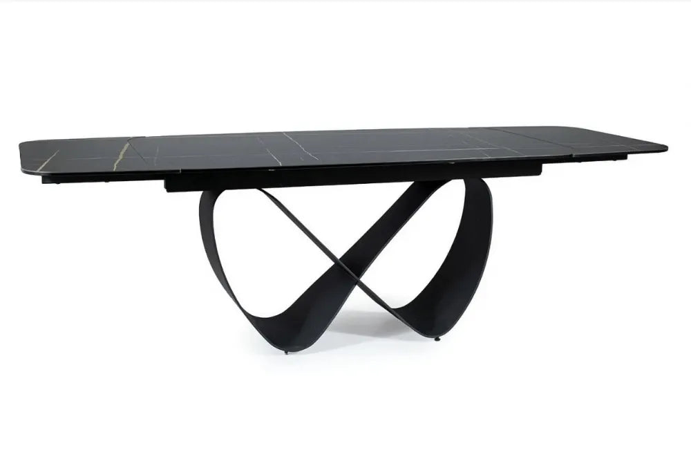 Masa extensibila cu blat din Sticla securizata + Ceramica cu efect de marmura Negru cu baza din Metal Negru L160-240cm Infinity