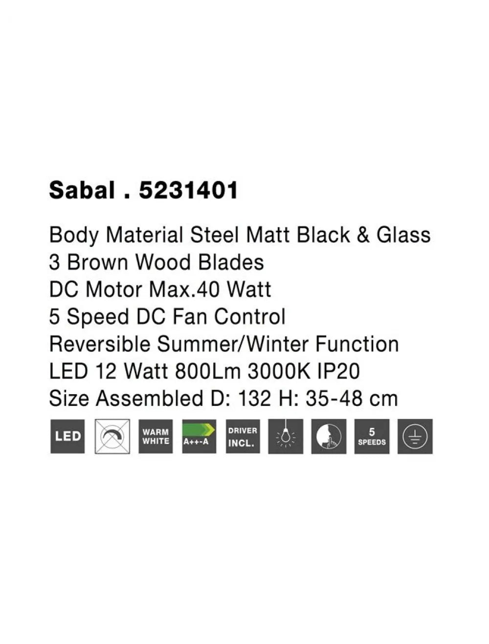 Ventilator structura din Metal Negru si abajur din Sticla Alb H35-48xL132cm IP20 12W 800lm 3000k SABAL