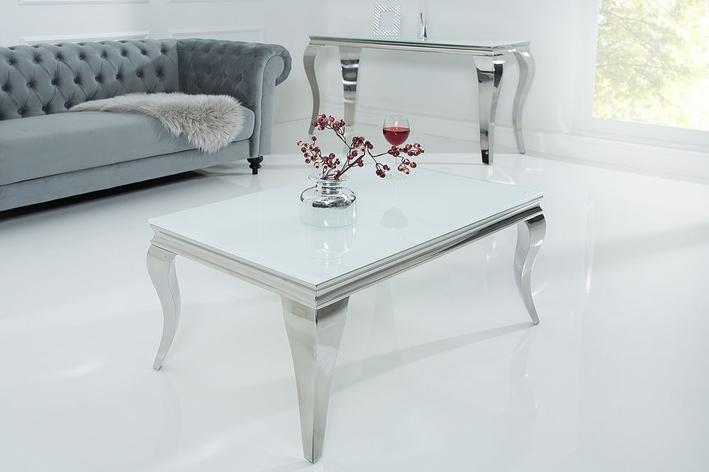 Masuta de cafea Dreptunghiulara din Sticla si Otel inoxidabil Alb/Argintiu L100xH45cm Barock