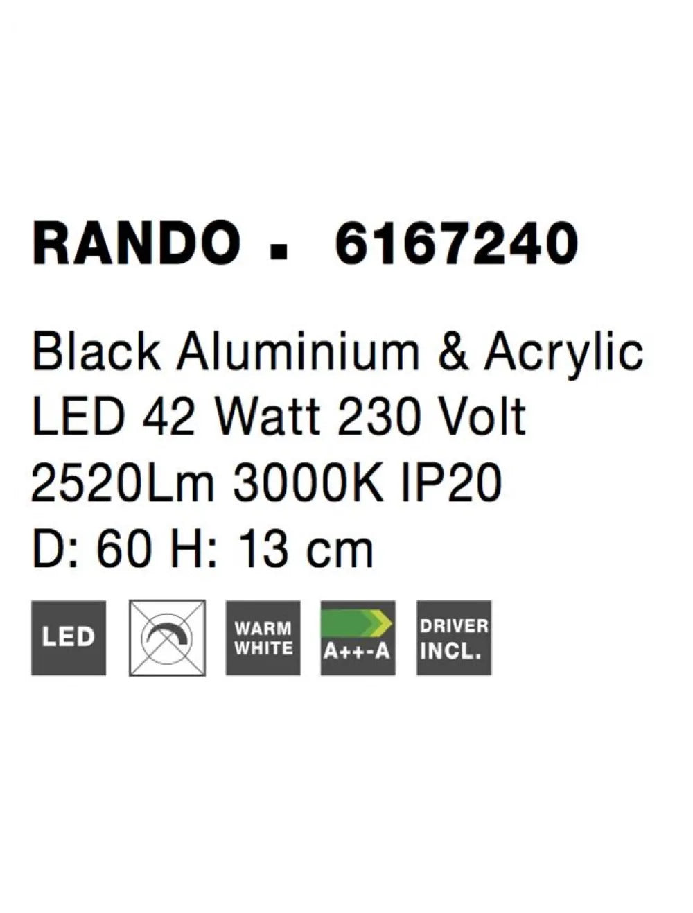 Plafoniera structura din Aluminiu Negru si abajur din Acrilic Alb H13xL60cm IP20 42W 2691lm 3000k RANDO