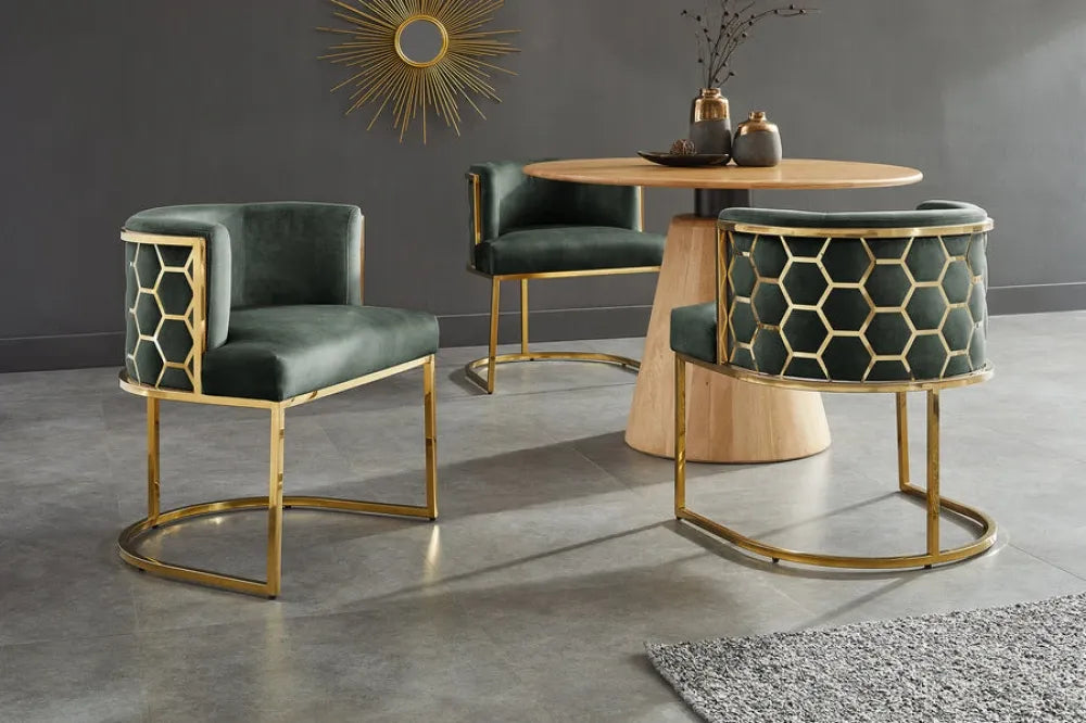 Scaun tapitat cu Catifea Verde si picioare din Otel inoxidabil Auriu H74xL64xA56cm ELEGANCE