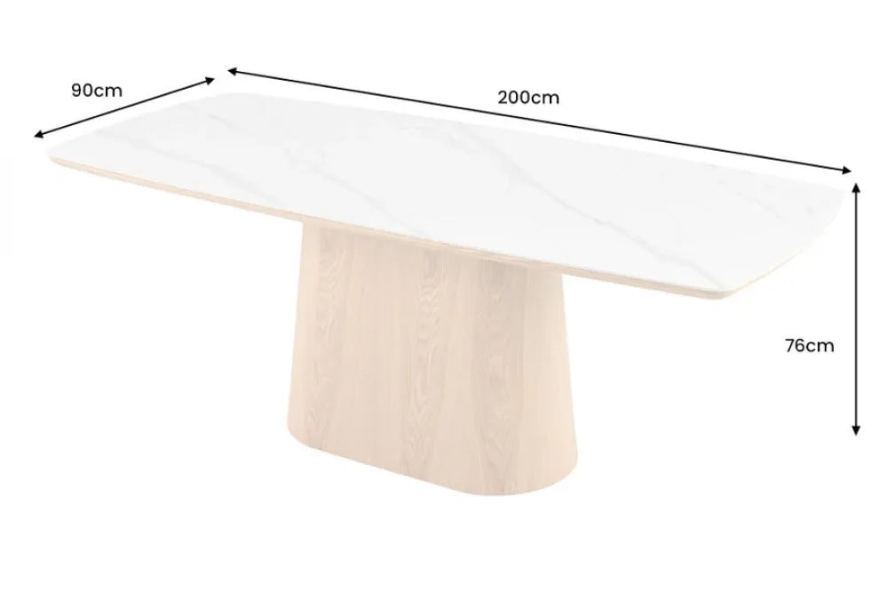 Masa din Ceramica Alb cu efect de marmura si Furnir de stejar Maro L200xH76cm Unique