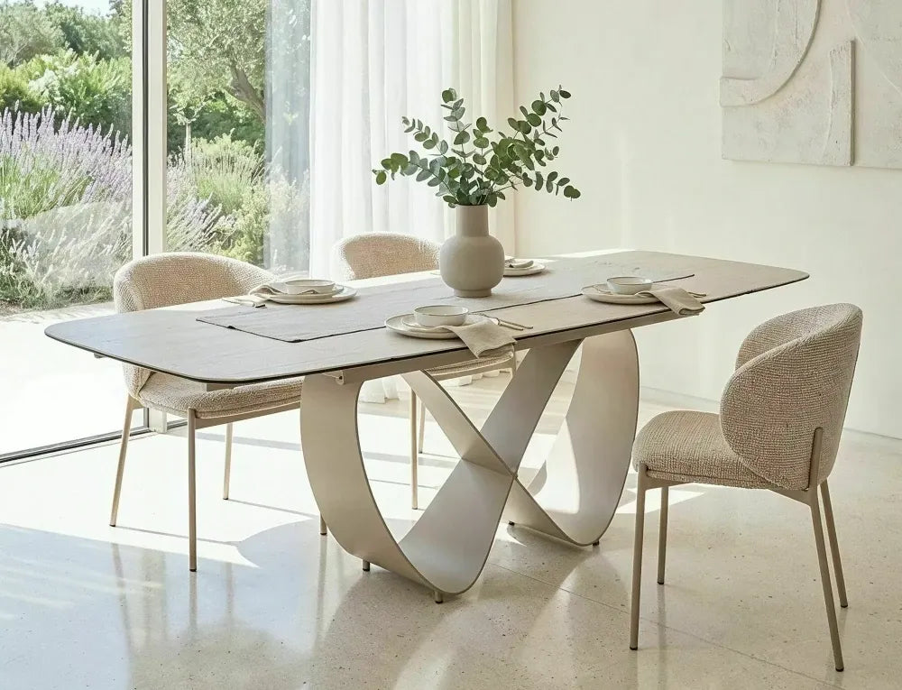 Masa extensibila din Metal Bej si Sticla securizata+Ceramica Bej mat L160-240xH76cm Infinity