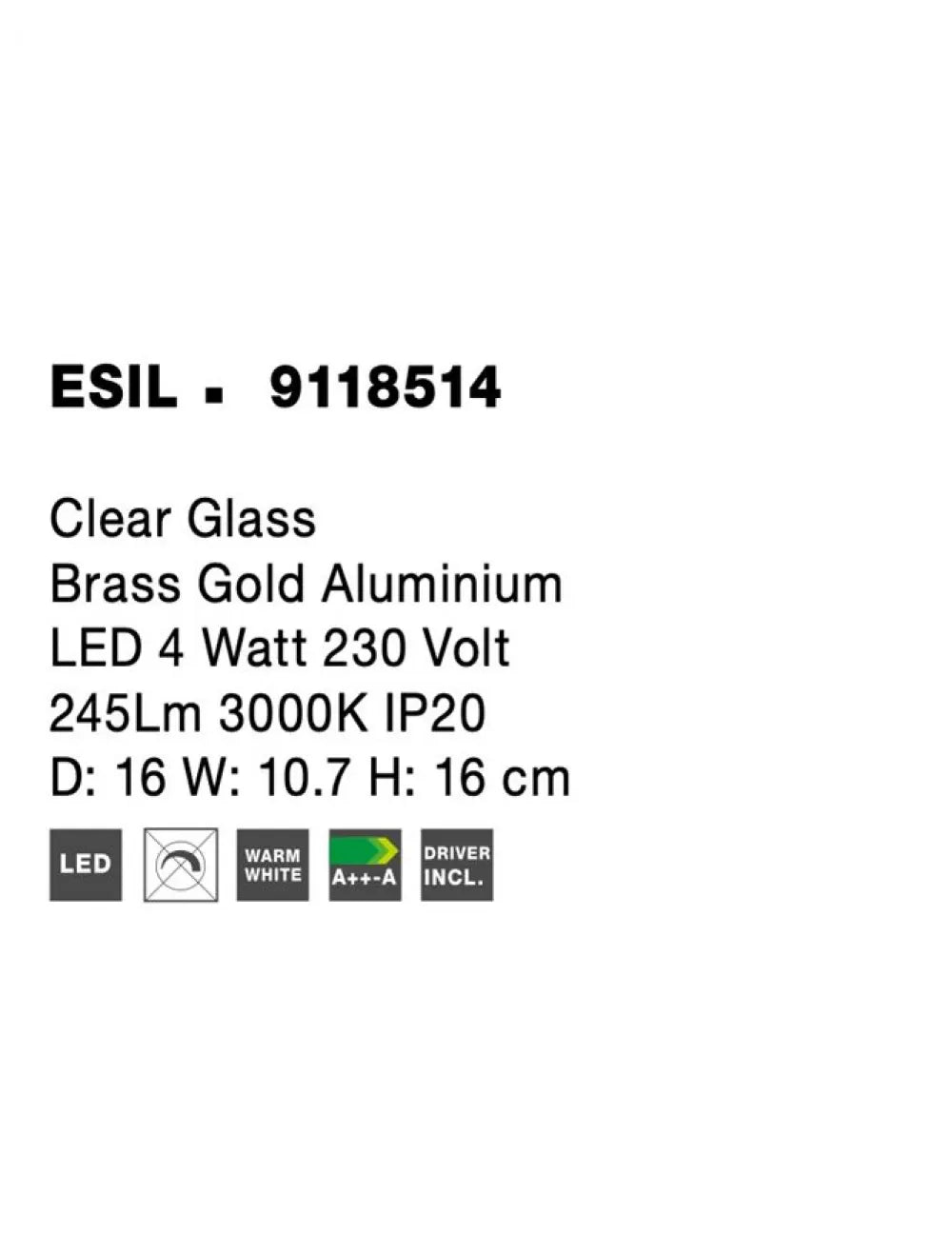 Aplica de perete structura din Aluminiu Auriu si abajur din Sticla Transparent H16xL16cm IP20 4W 245lm 3000k ESIL