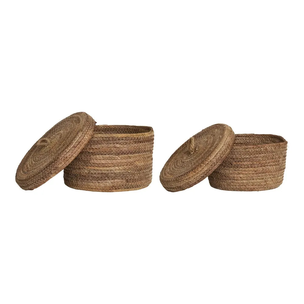 Set 2 cosuri depozitare cu capac impletite natural Maro H14/16xD21/24cm Desio