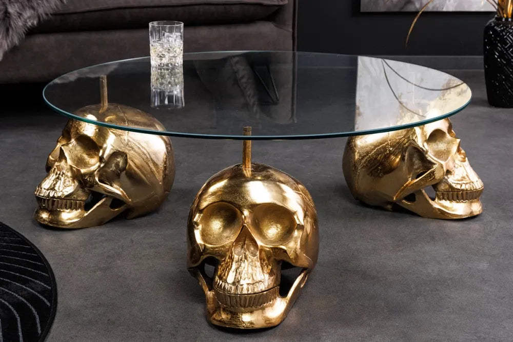 Masuta de cafea din Sticla securizata Transparent si Metal Negru D90xH33cm Skull
