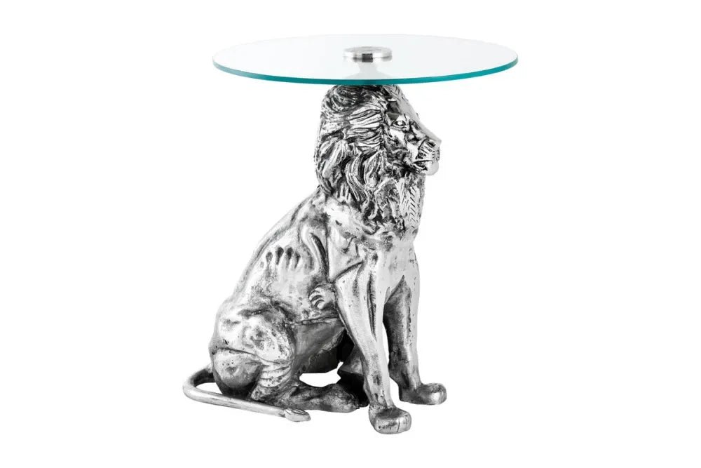 Masuta laterala din Sticla securizata Transparent si Metal Argintiu L45xH57cm Wildlife lion