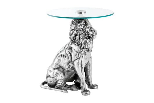 Masuta laterala din Sticla securizata Transparent si Metal Argintiu L45xH57cm Wildlife lion
