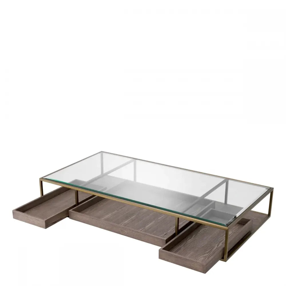 Masuta de cafea Dreptunghiulara din Otel inoxidabil/Furnir de stejar Alama/Maro si Sticla Transparent L180xl90cm Roxton Eichholtz