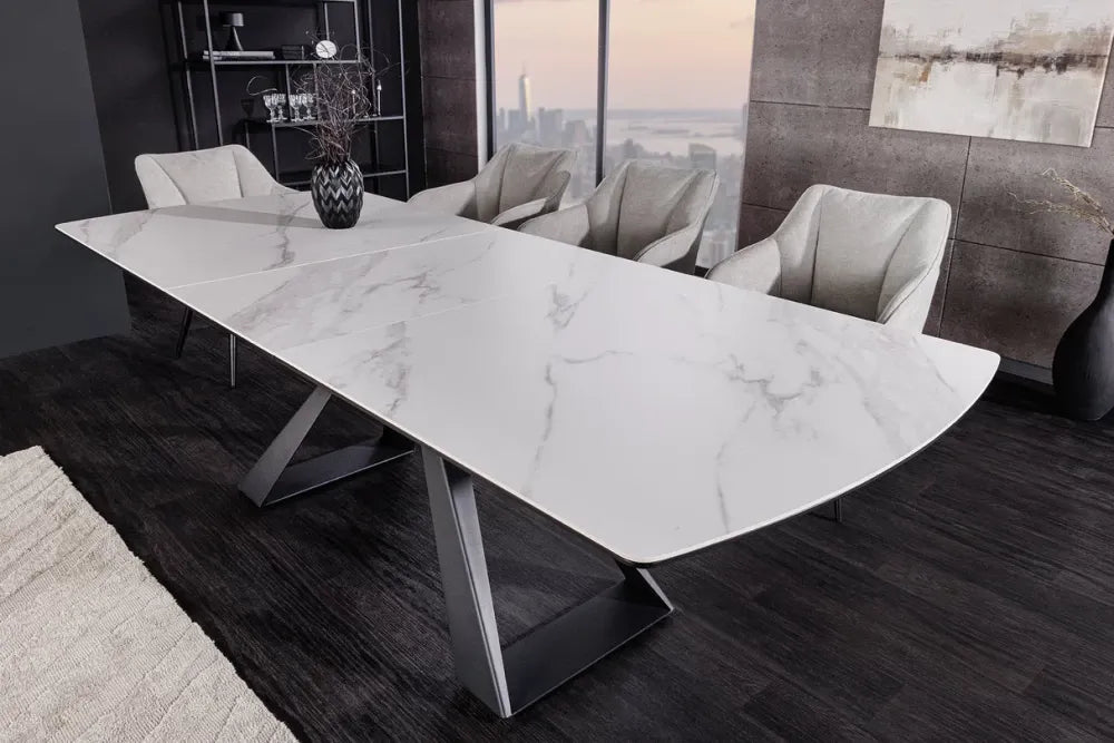 Masa din Sticla securizata/Ceramica Alb cu efect de marmura si Metal Negru L180-230xH77cm Concord