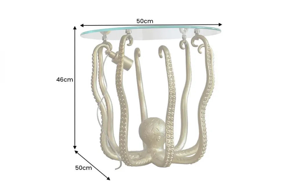 Masuta laterala cu iluminare din Sticla securizata Transparent si Polirasina Auriu L50xH46cm Octopus