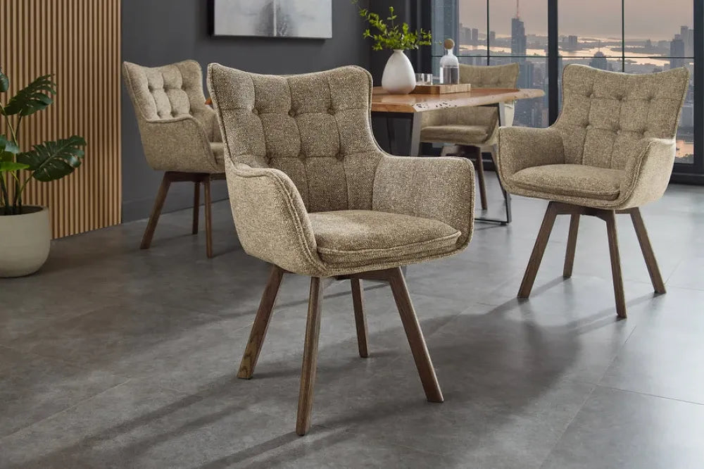 Set 2 scaune rotative tapitat cu Stofa Gri taupe si picioare din Lemn de stejar Maro H94xL58xA64cm THOR