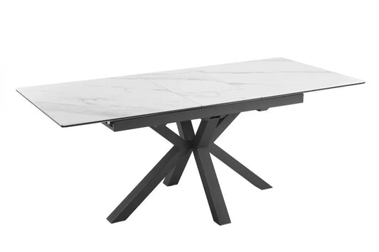 Masa din Sticla securizata/Ceramica Alb cu efect de marmura si Metal Negru L160-200xH76cm Eternity