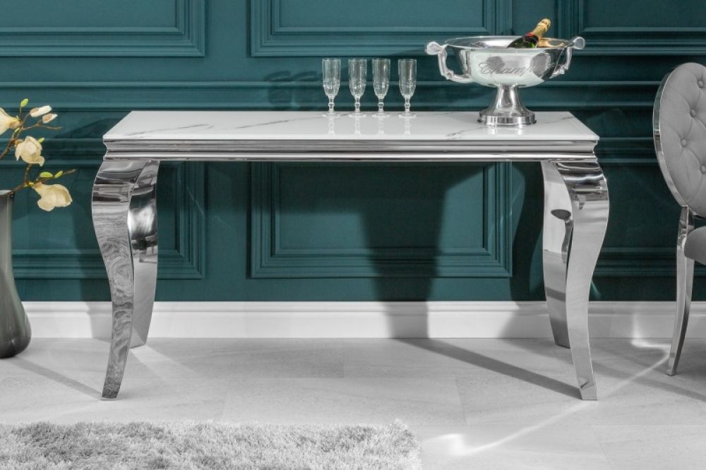 Consola din Sticla securizata si Otel inoxidabil alb/Argintiu Baroque L145xH75cm