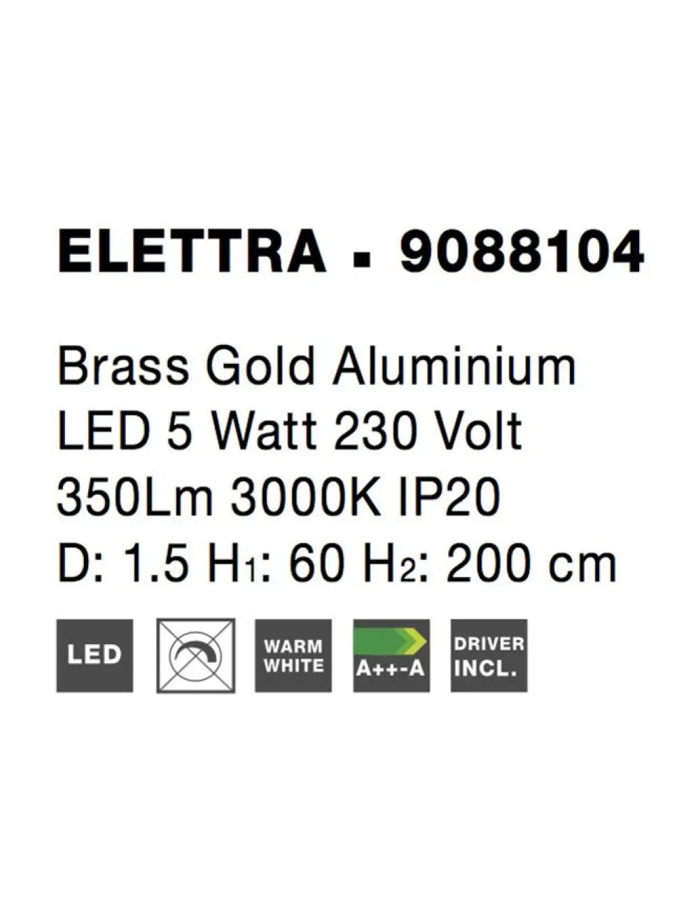 Pendul din Aluminiu Auriu H200xL1.5cm IP20 5W 195lm 3000k ELETTRA
