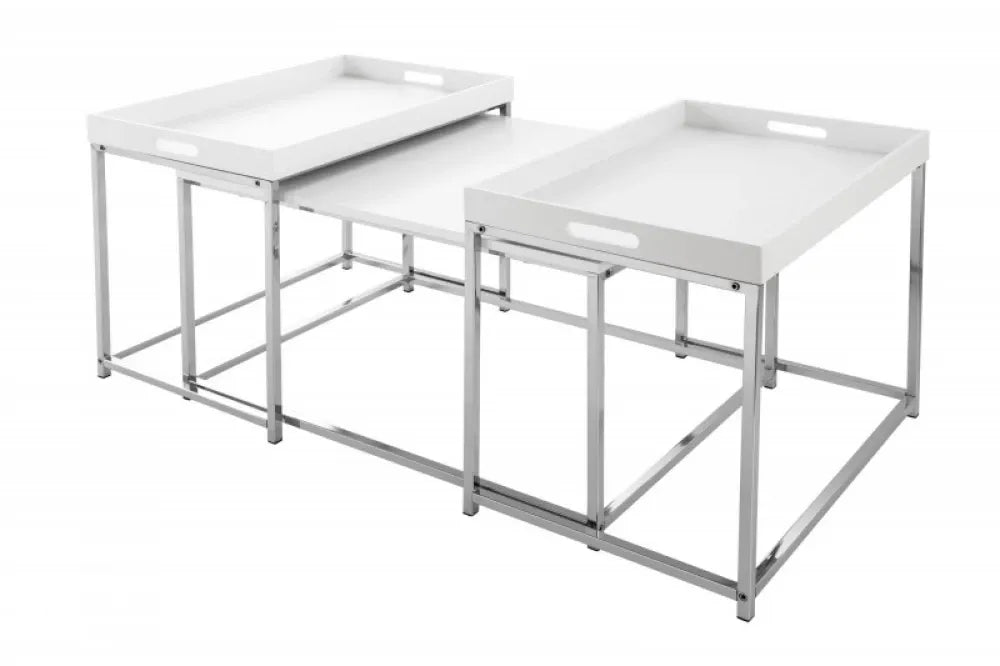Set 3 masute de cafea Dreptunghiulare din MDF Alb si Metal Argintiu L60/75xH42/50cm Elements