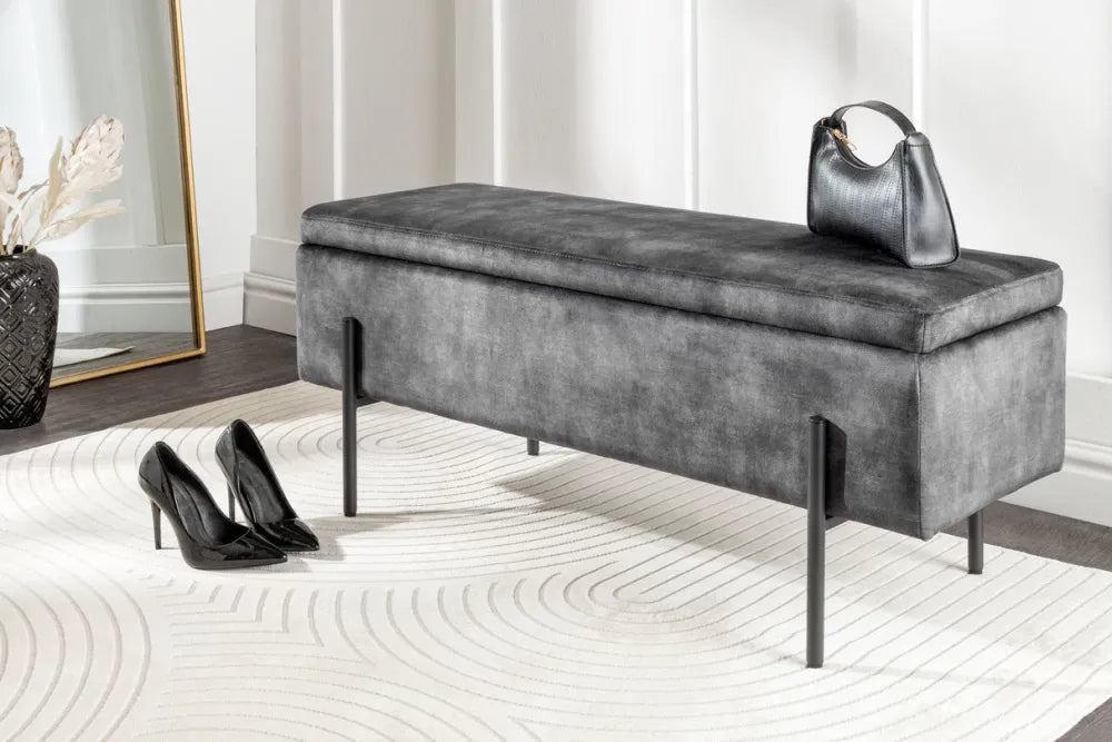 Bancheta cu spatiu de depozitare din Metal Negru si Catifea Gri H46xL100cm Loft