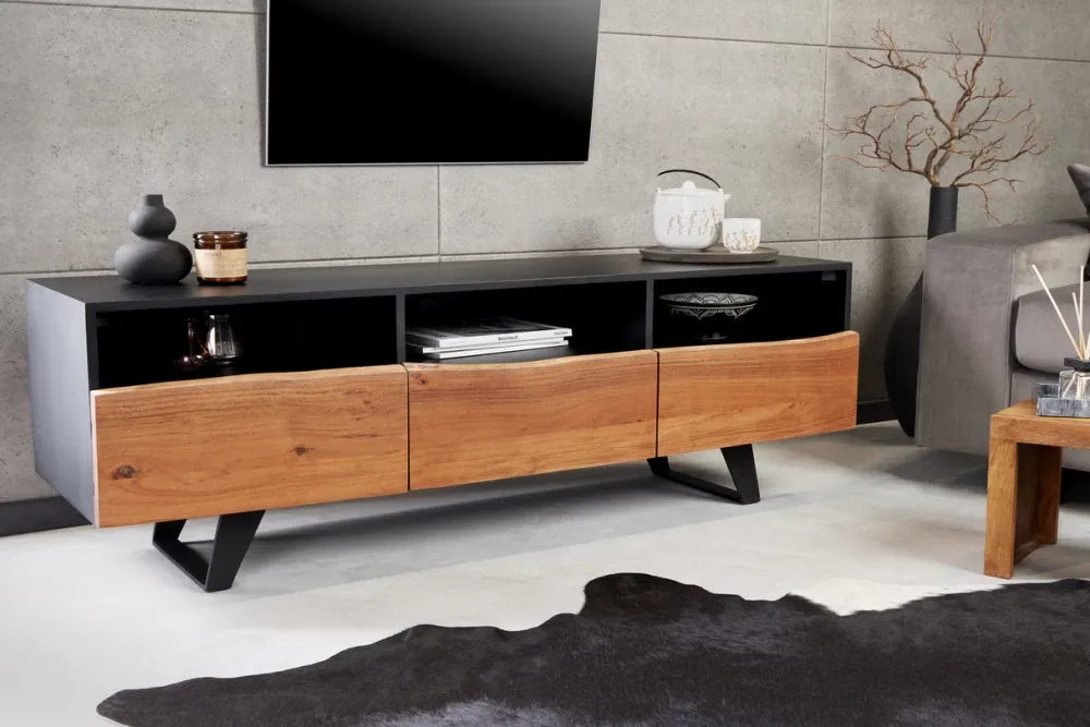 Comoda TV din MDF/Lemn de salcam Negru/Maro si Metal Negru L140xH50cm ORGANIC ARTWORK