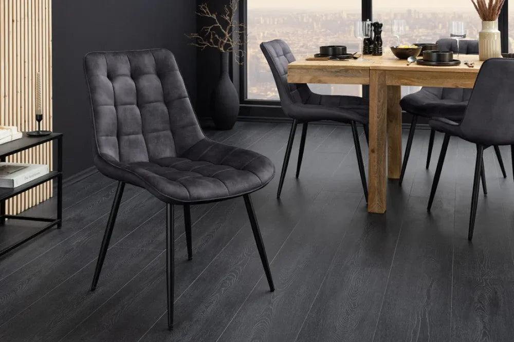 Set 4 scaune tapitat cu Catifea Gri inchis si picioare din Metal Negru H85xL51xA59cm ROADSTAR