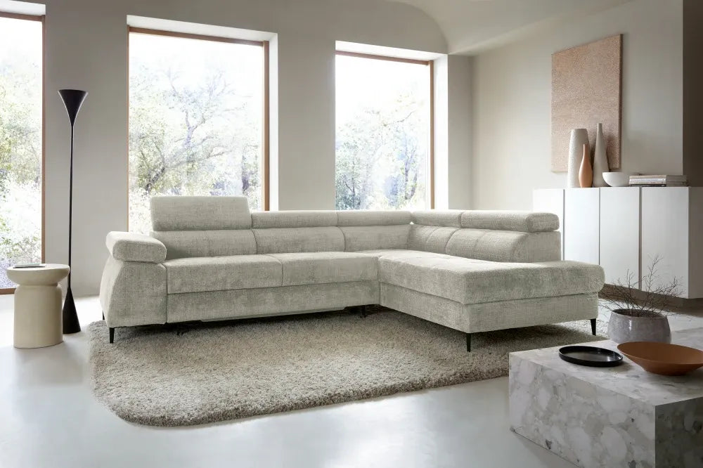 Coltar extensibil tapitat cu Chenille Bej cu lada depozitare Cordoba II