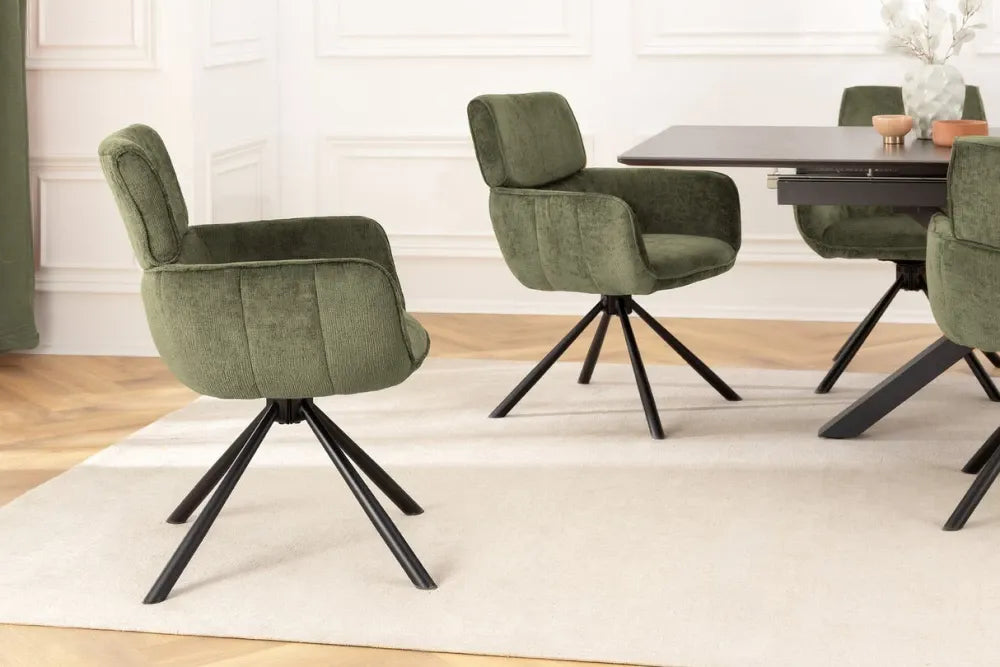 Set 2 scaune rotative cu brate  tapitat cu Chenille Verde si picioare din Metal Negru H84xL61xA64cm Unique
