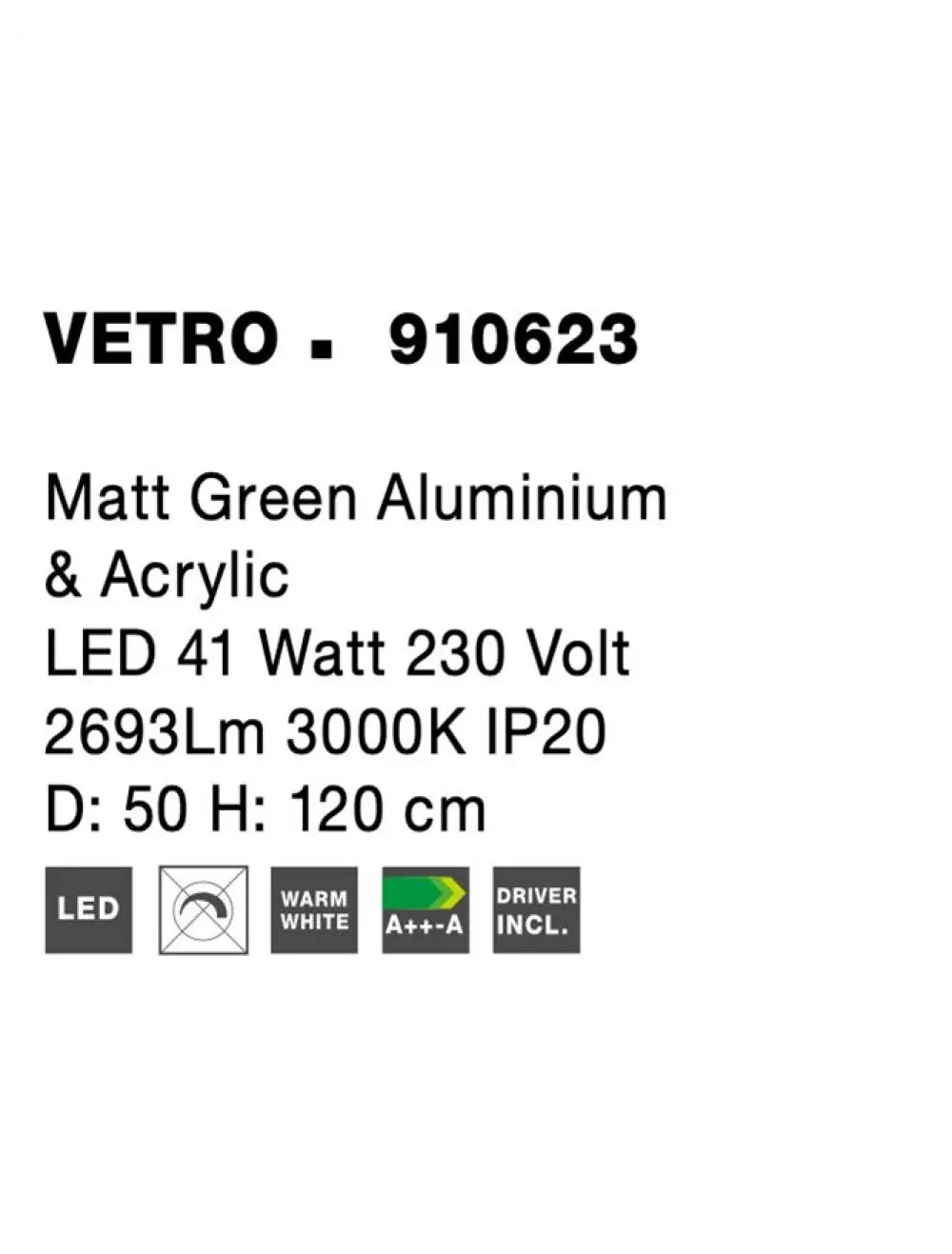 Pendul structura din Aluminiu Verde si abajur din Acrilic Alb H120xL50cm IP20 35W 2662lm 3000k VETRO