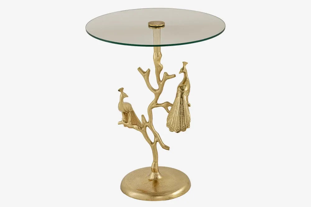 Masuta laterala din Sticla securizata Transparent si Metal Auriu D45xH58cm Wildlife peacock