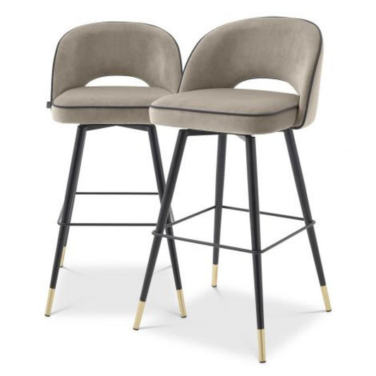 Set 2 scaune de bar rotative tapitat cu Catifea Grej cu picioare din Metal Negru/Auriu H103xL51xA52cm Cliff