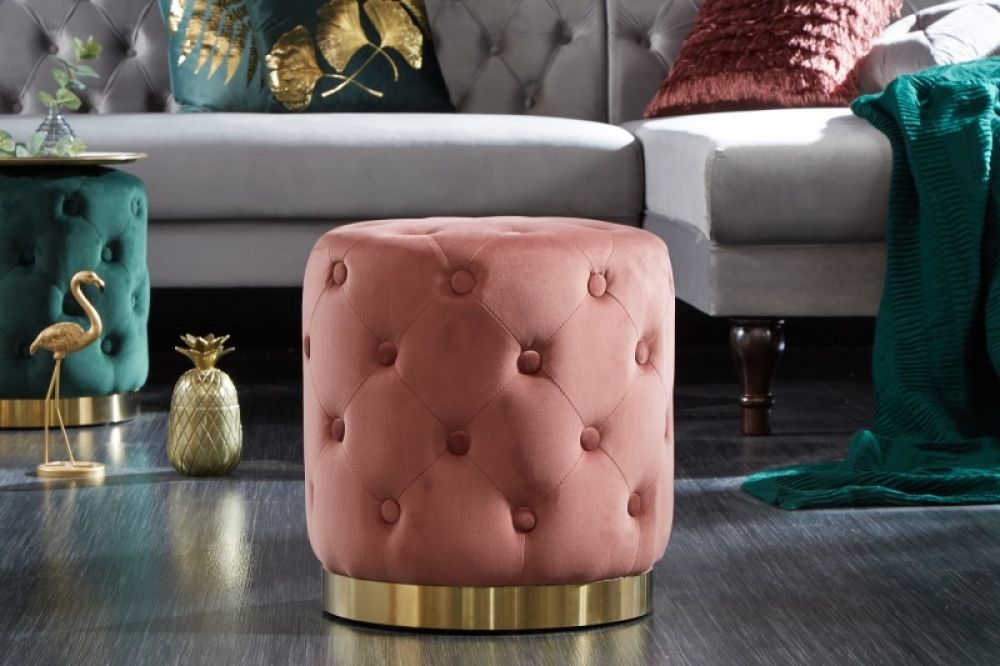 Puf rotund tapitat cu Catifea Roz D36xH40cm Chester