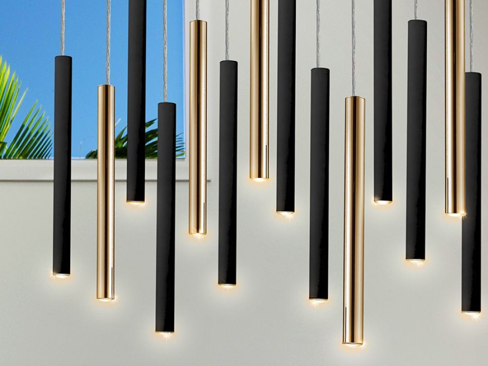 Lustra dreptunghiulara cu inaltime reglabila din Metal Negru/Auriu cu LED L82x25xH300cm Varas cu telecomanda