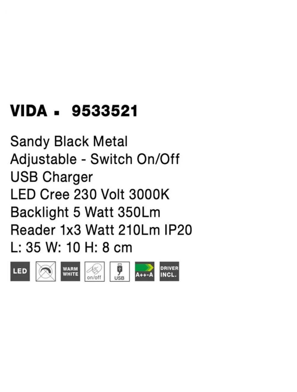 Aplica de perete din Metal Negru H8xL35cm IP20 8W 560lm 3000k VIDA